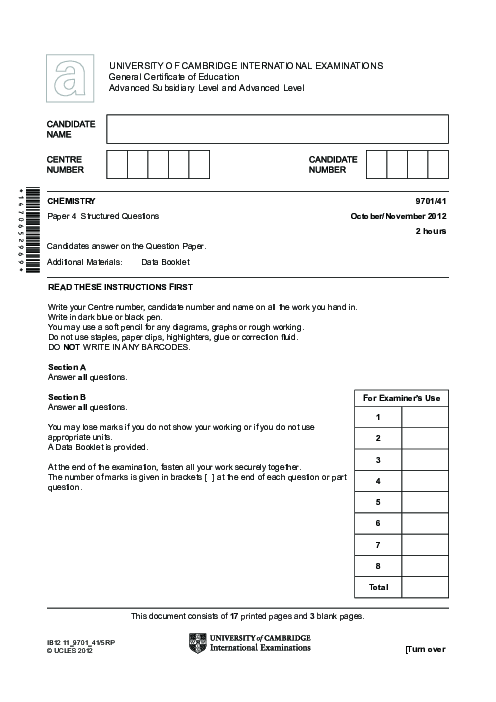 Chemistry 9701/35 Oct Nov 2012 | Cambridge AS Level Past Papers With Mark Scheme