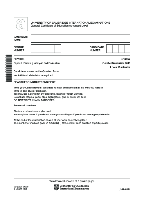 Paper 5, Variant 2, Oct Nov 2013 | Cambridge AS - A Level Physics (9702) Past Papers