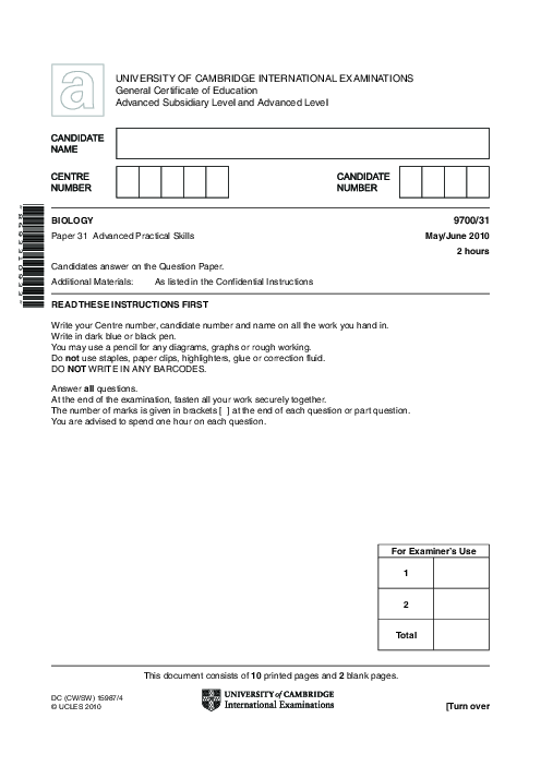 Paper 3, Variant 1, May June 2010 | Cambridge AS - A Level Biology (9700) Past Papers