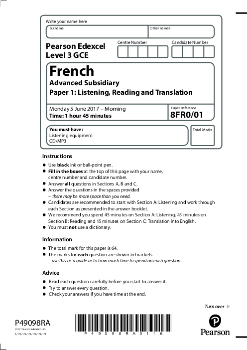   French  8FR0/01 June  2017 | Edexcel  AS Level Past Papers With Mark Scheme