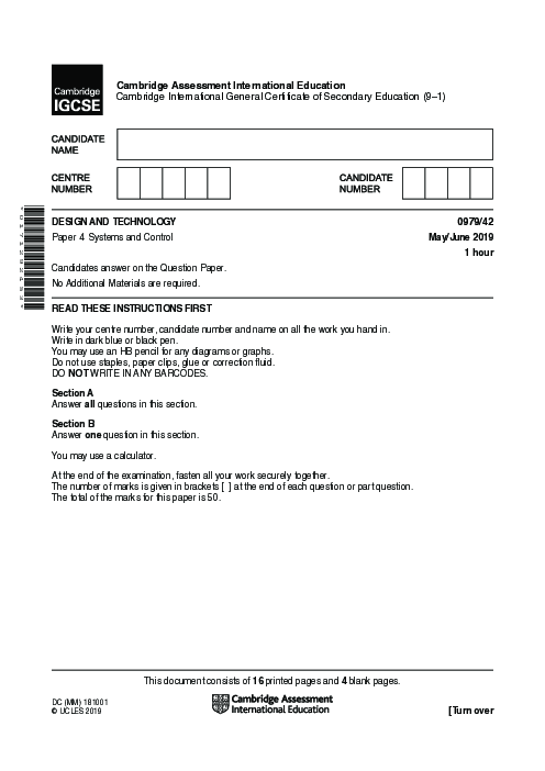 Paper 4, Variant 2, May June 2019 | Cambridge 9–1 GCSE  Design - Technology (0979) Past Papers