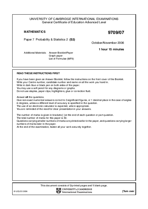 Mathematics 9709/07 Oct Nov 2006 | Cambridge AS & A Level Past Papers With Mark Scheme