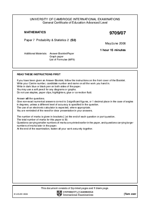Mathematics 9709/07 May June 2006 | Cambridge AS & A Level Past Papers With Mark Scheme