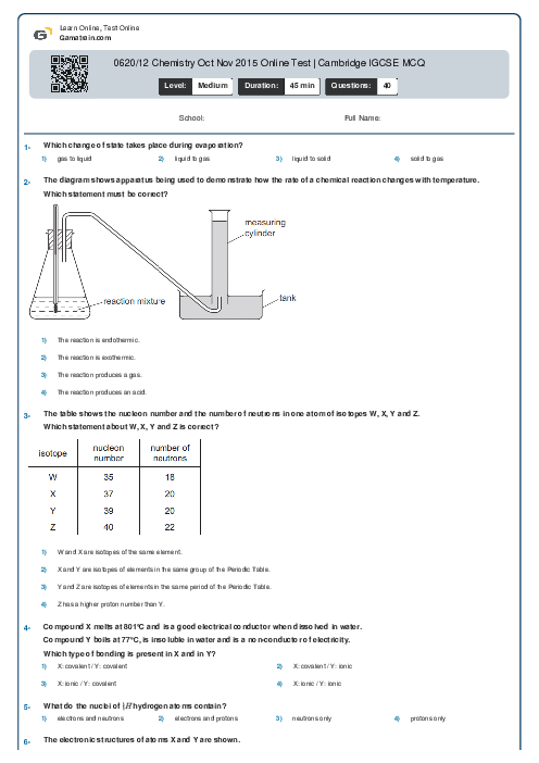 0620/12 Chemistry Oct Nov 2015 Online Test | Cambridge IGCSE MCQ