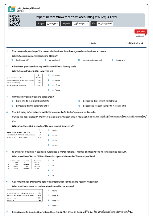 Paper 1 October/November 2017 Accounting (9706/11) A Level