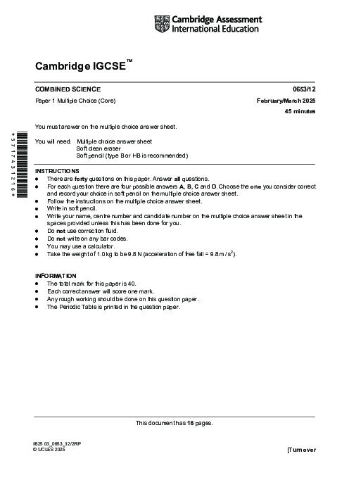 Science Combined 0653/12 March 2025