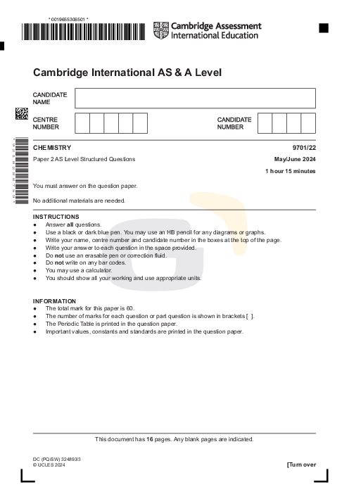 Chemistry 9701/22 May June 2024 | Cambridge AS Level Past Papers With Mark Scheme