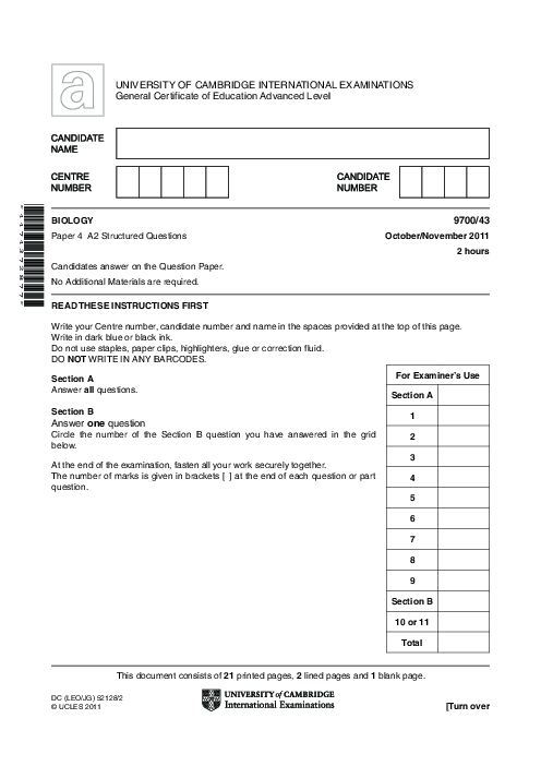 Biology 9700/12 May June 2012 | Cambridge AS Level Past Papers With Mark Scheme