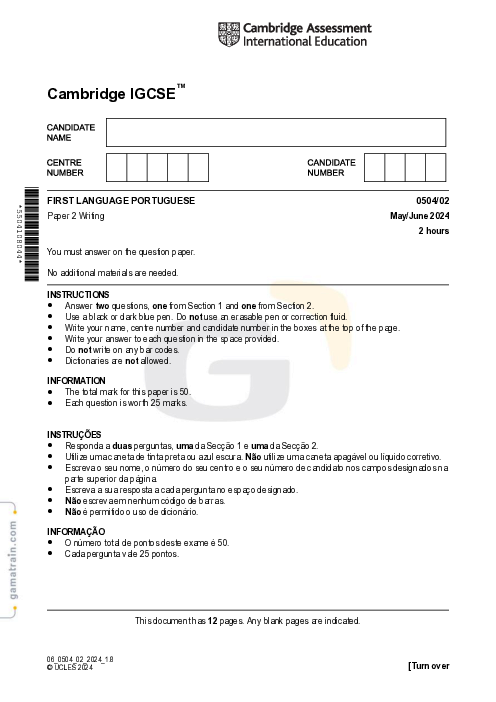 Portuguese First Language 0504/02 May June 2024