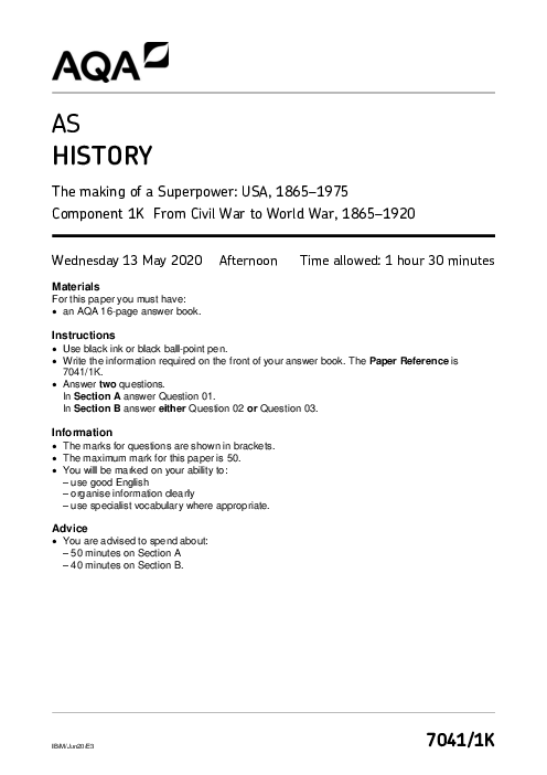 History 7041 Paper 1K June 2020, AQA AS-Level Past Papers with Mark Schemes