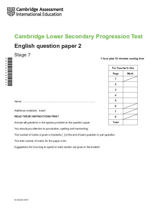 Progression Test Stage 7 English 2017 Paper 2 With Mark Scheme