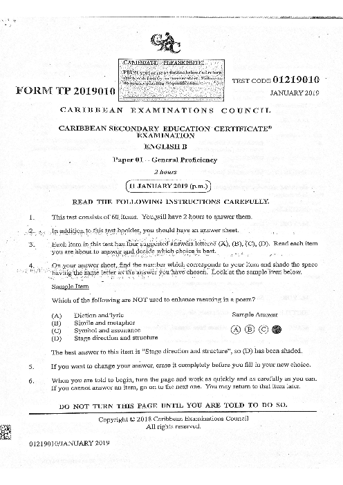 English B January 2019 Paper 1
