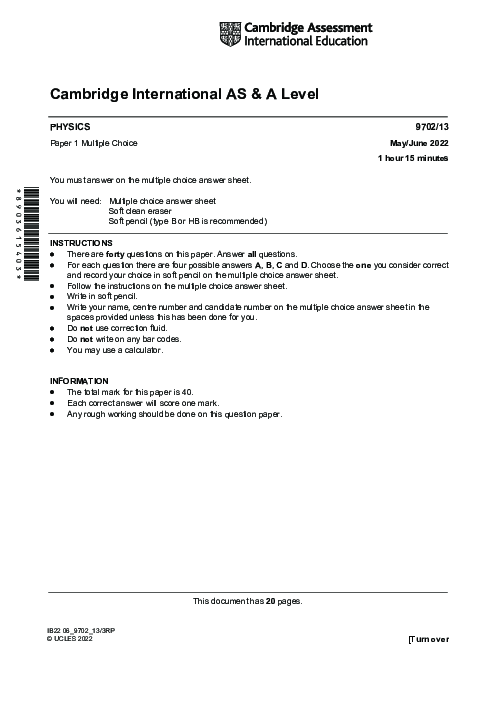 Paper 2, Variant 3, May June 2022 | Cambridge AS - A Level Physics (9702) Past Papers