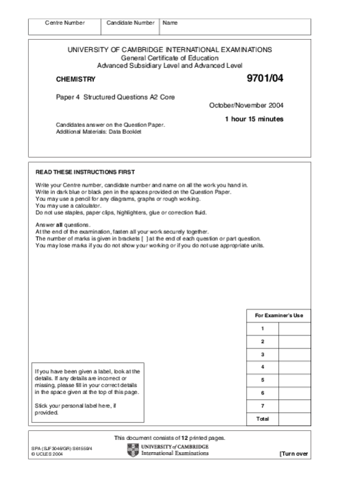 Chemistry 9701/05 Oct Nov 2004 | Cambridge AS Level Past Papers With Mark Scheme