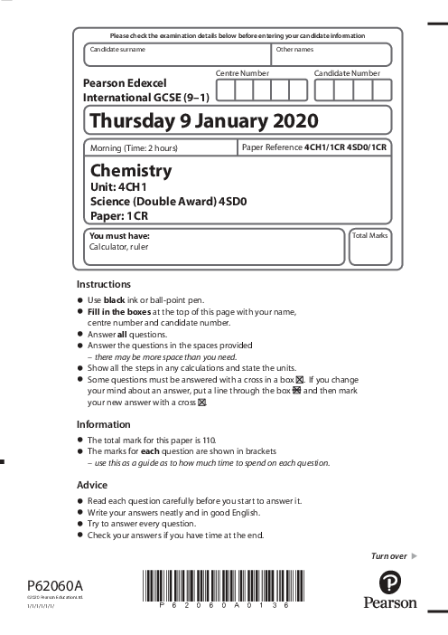 Chemistry 4CH1/1CR January  2020 | Edexcel International GCSE Past Papers With Mark Scheme