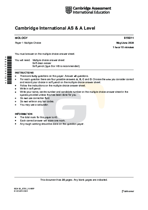 Biology 9700/11 May June 2024 | Cambridge AS Level Past Papers With Mark Scheme