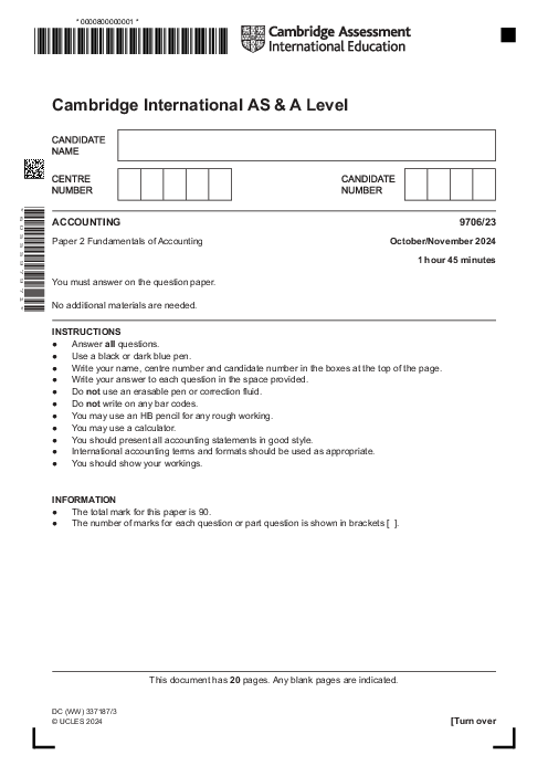 Accounting 9706,23 Oct Nov 2024 | Cambridge AS - A Level Past Papers With Mark Scheme