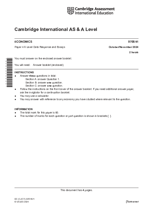 Economics 9708,41 Oct Nov 2024 | Cambridge AS - A Level Past Papers With Mark Scheme