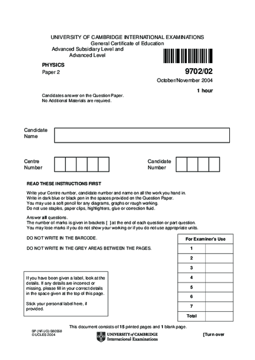 Paper 5, May June 2004 | Cambridge AS - A Level Physics (9702) Past Papers