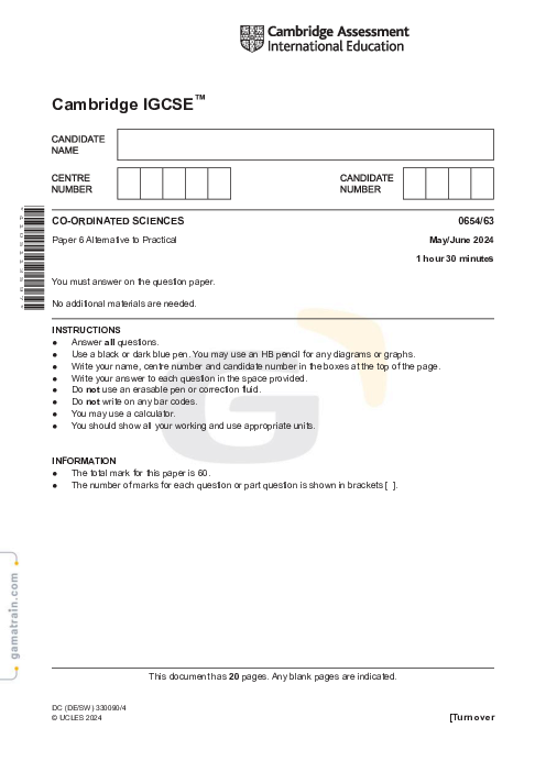 Sciences Co-ordinated 0654/63 May June 2024