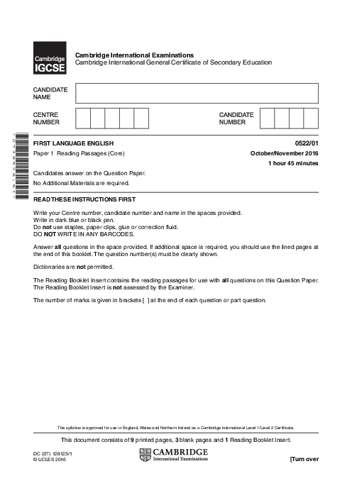 English-First Language (UK) 0522/01 Oct Nov 2016