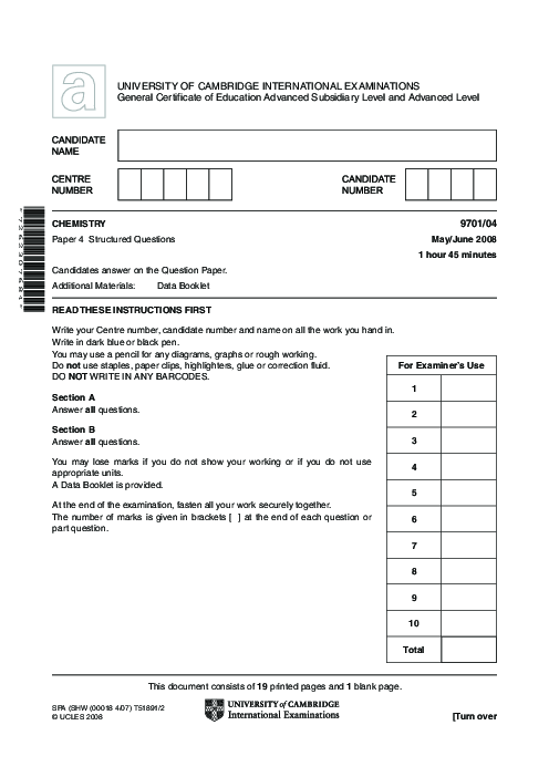 Chemistry 9701/05 May June 2008 | Cambridge AS Level Past Papers With Mark Scheme