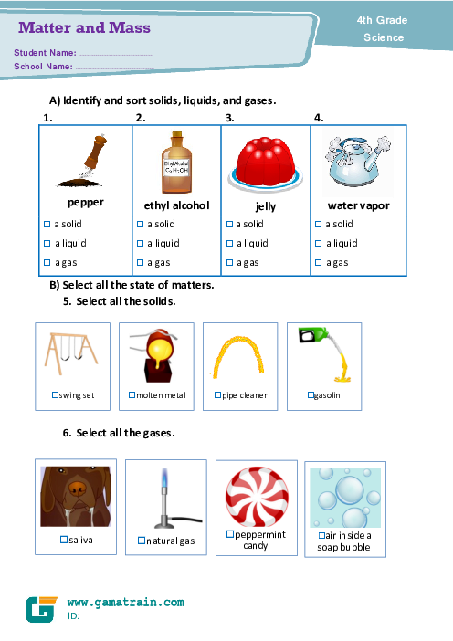 Matter and Mass | 4th grade Science Worksheet