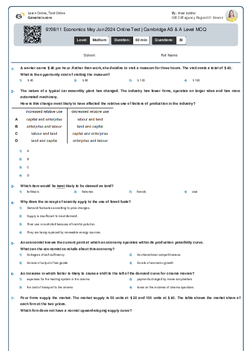 9708/11 Economics May Jun 2024 Online Test | Cambridge AS & A Level MCQ