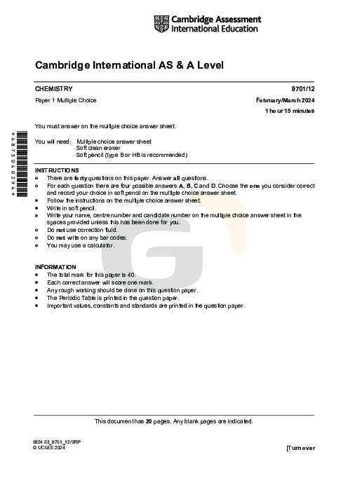 Chemistry 9701/12 March 2024 | Cambridge AS Level Past Papers With Mark Scheme