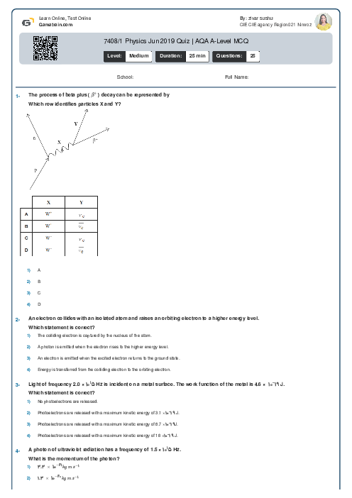  7408/1 Physics Jun 2019 Quiz | AQA A Level MCQ