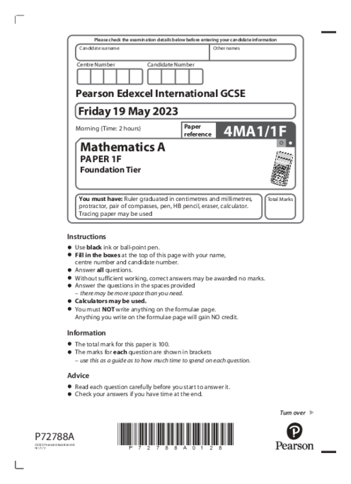 Mathematics (A) 4MA1/1F May Jun  2023 | Edexcel IGCSE Past Papers With Mark Scheme