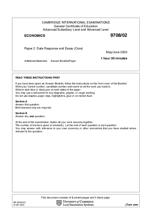 Economics 9708/02 May June 2003 | Cambridge AS Level Past Papers With Mark Scheme