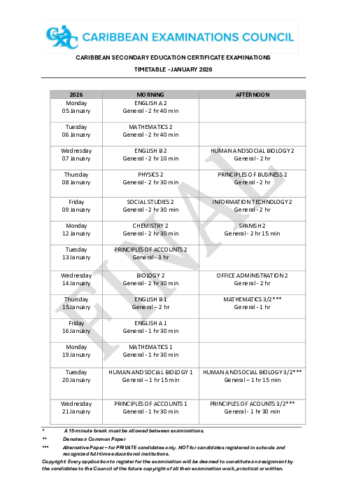TIMETABLE - JANUARY 2026