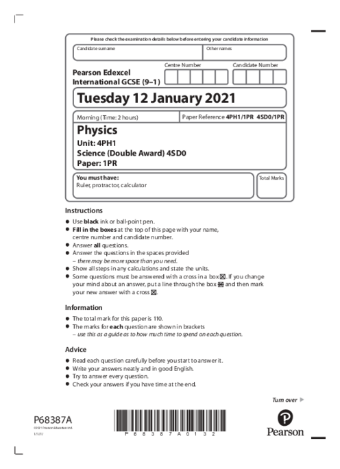  Physics 4PH1/1PR January  2021 | Edexcel IGCSE Past Papers With Mark Scheme