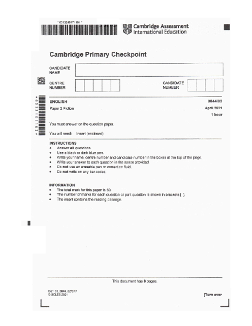 ENGLISH 0844,02 April 2021 | Cambridge Primary Checkpoint Past Papers and Mark Schemes