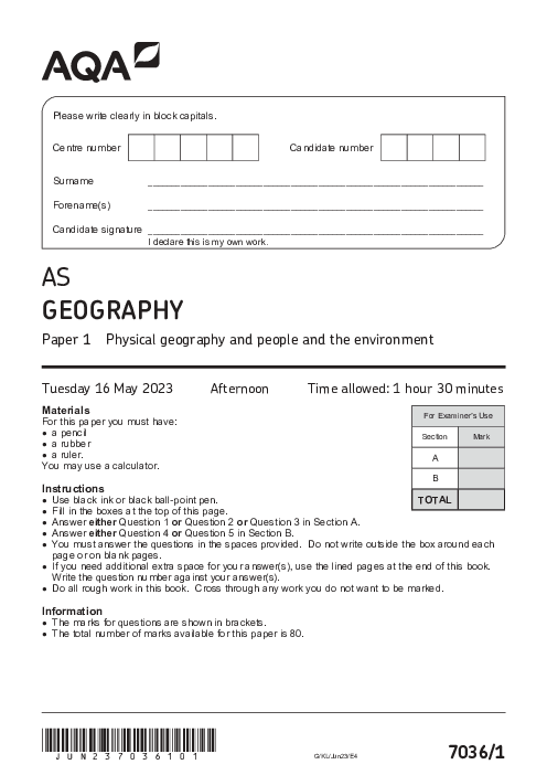 Geography 7036 Paper 1 June 2023, AQA AS-Level Past Papers with Mark Schemes