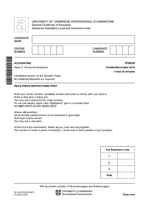 Paper 4, Variant 3, May June 2010 | Cambridge AS and A Level Accounting (9706) Past Papers