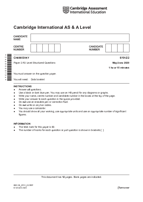 Chemistry 9701/22 May June 2020 | Cambridge AS Level Past Papers With Mark Scheme