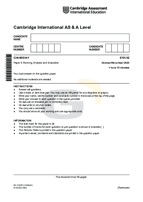 Chemistry 9701/52 Oct Nov 2023 | Cambridge AS Level Past Papers With Mark Scheme