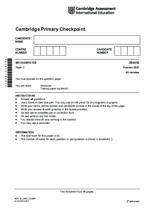 MATHEMATICS 0845,02 October 2021 | Cambridge Primary Checkpoint Past Papers with Mark Schemes