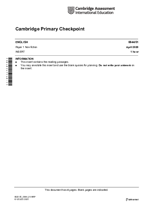 ENGLISH 0844,01 April 2020| Cambridge Primary Checkpoint Past Papers and Mark Schemes