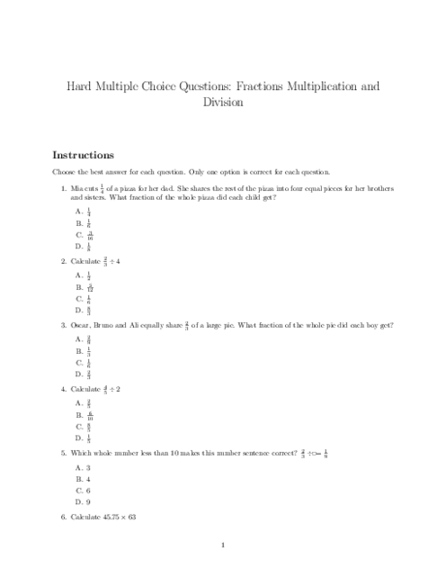 Mathematics 6 | Fractions, Multiplication and Division - Topical Quiz