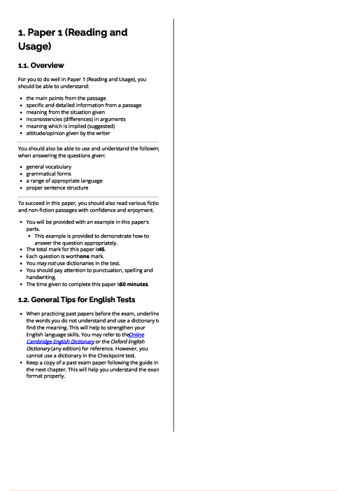 Checkpoint English as a Second Language | Paper 1 (Reading and Usage) Revision Note