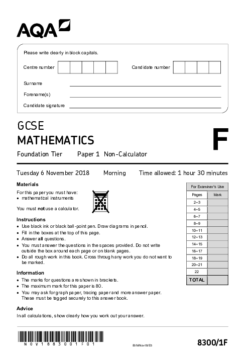 Mathematics 8300/1F November 2018