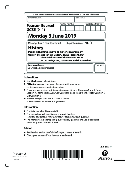  History  1HI0/11 June  2019 | Edexcel  GCSE Past Papers With Mark Scheme
