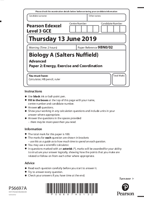  Biology (A) 9BN0/02 May June  2019 | Edexcel  A Level Past Papers With Mark Scheme