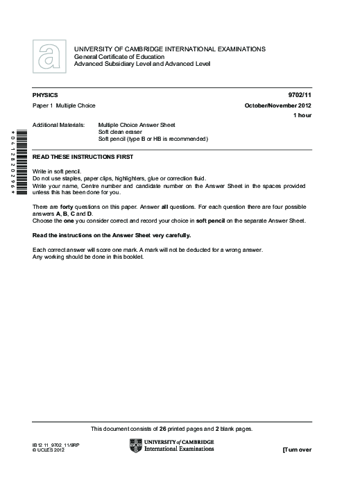 Paper 1, Variant 1, Oct Nov 2012 | Cambridge AS - A Level Physics (9702) Past Papers