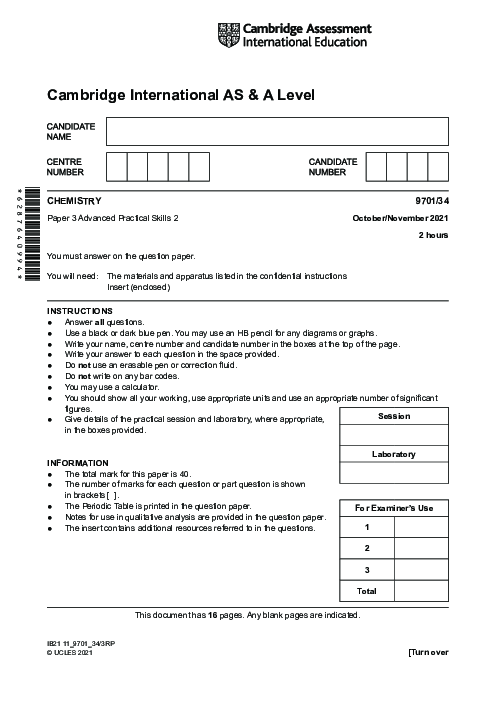 Chemistry 9701/34 Oct Nov 2021 | Cambridge AS Level Past Papers With Mark Scheme