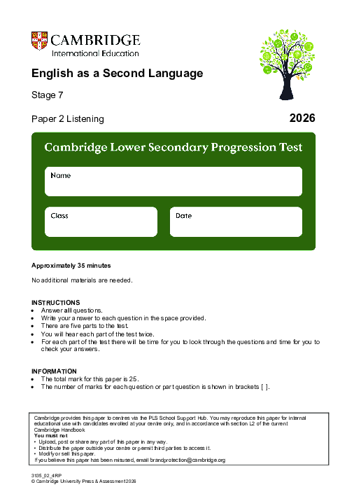Progression Test Stage 7 English as a Second Language 2026 Paper 2 pdf