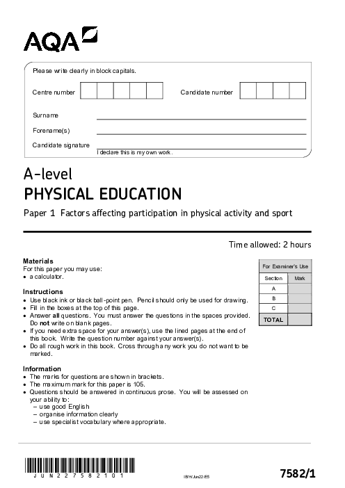 Physical Education 7582/1 June 2022